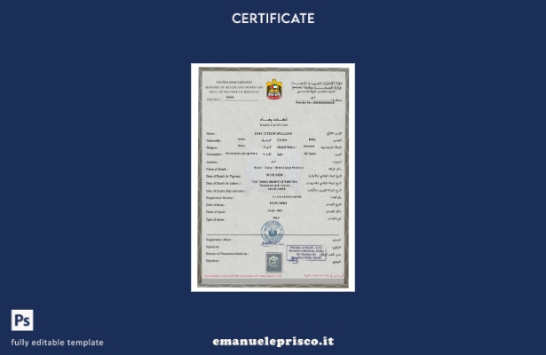 Modello PSD di certificato di morte degli Emirati Arabi Uniti in stile verificat